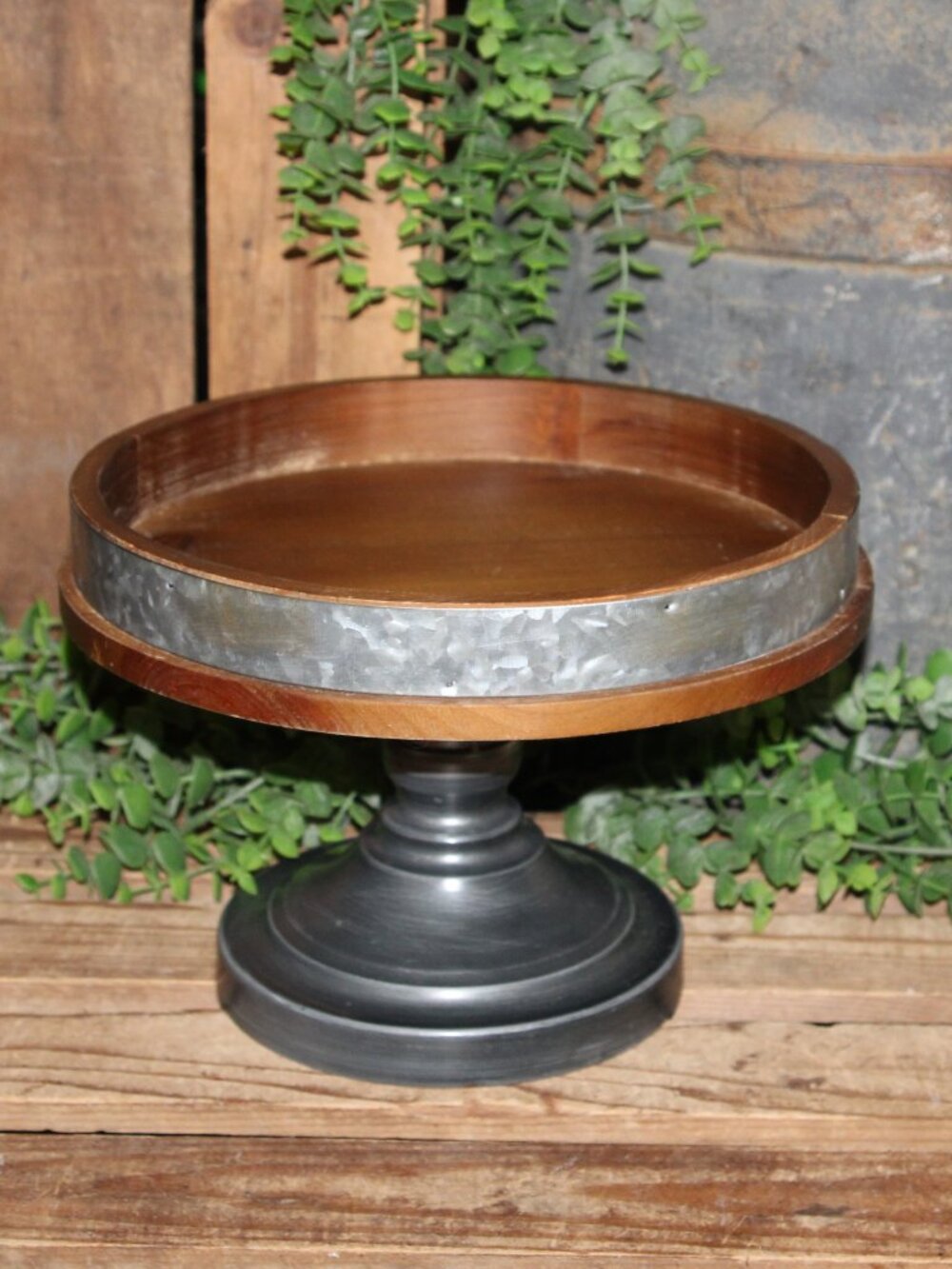NEW Rustic Wood & Metal Farmhouse Pedestal Decor Riser or Candle Holder Plate